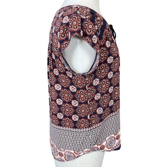 Daniel Rainn Cap Sleeve Tassels Tie Neck Pullover Medallion Print Blouse Medium - Picture 4 of 9